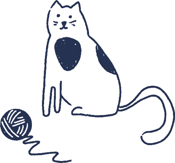 Drawing of a happy cat with a ball of yarn at the vet in Middle Island NY